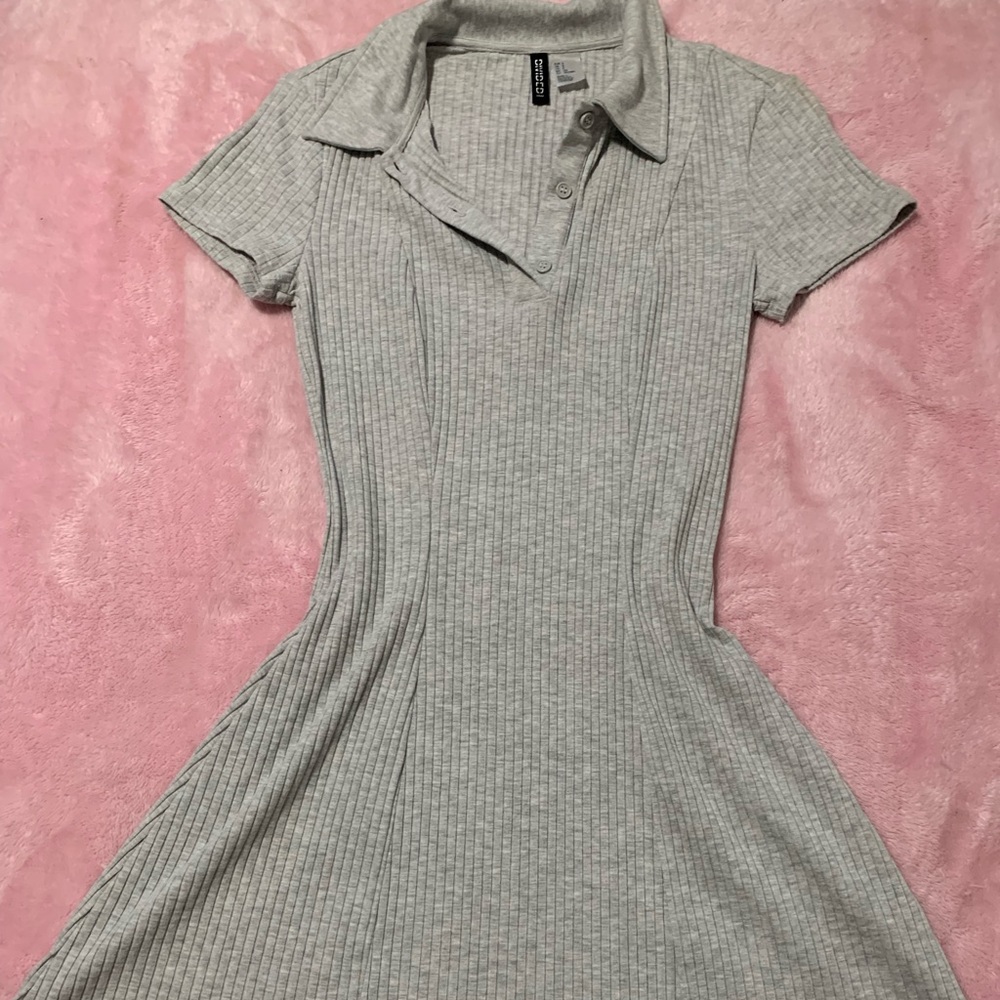 H&M Light Gray Ribbed Polo Mini Dress